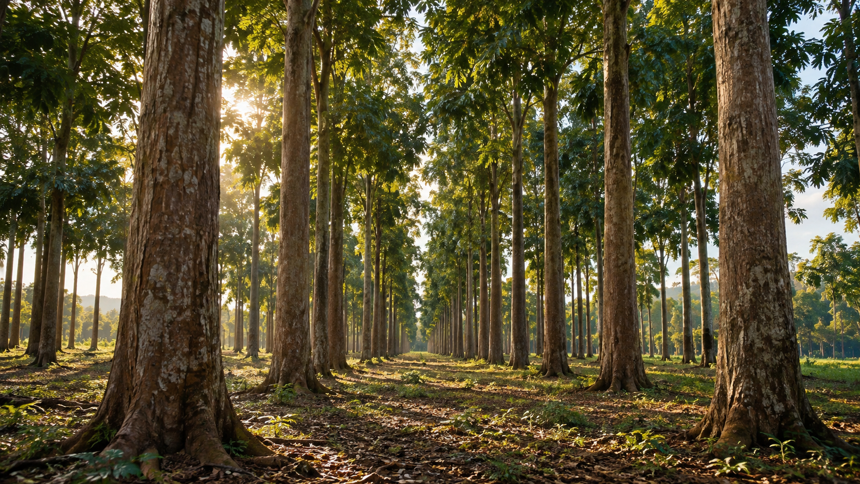 Plantação de mogno africano manejada para produção de madeira nobre no Brasil