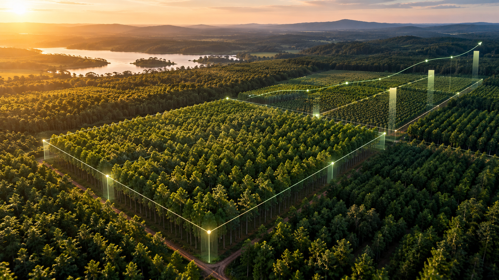 Conheça as cotas florestais em uma plantação de mogno africano no Brasil, com árvores altas e alinhadas, e entenda como esse modelo aproxima o investidor de uma floresta real, com gestão técnica, rastreabilidade, acompanhamento visual e produção de madeira nobre.