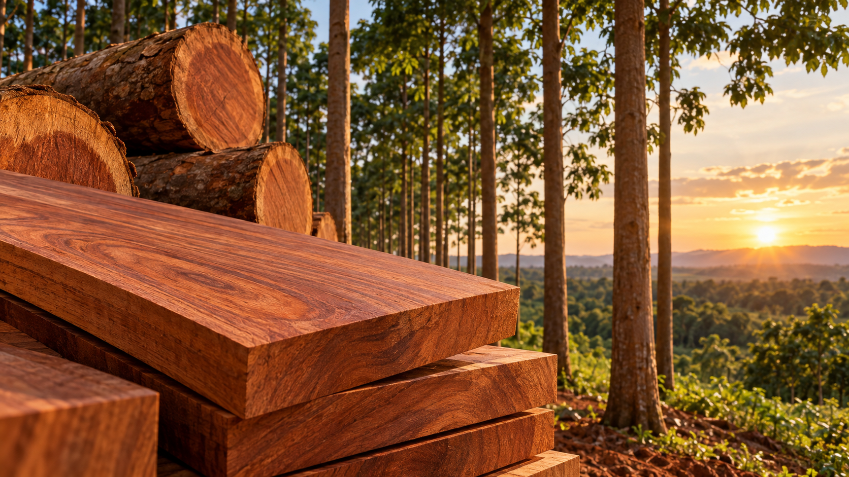 Observe a madeira de mogno africano em tábuas de acabamento refinado, com tonalidade castanha, textura natural e superfície uniforme, e entenda como aparência, estabilidade e trabalhabilidade contribuem para aplicações comerciais que valorizam qualidade e precisão.