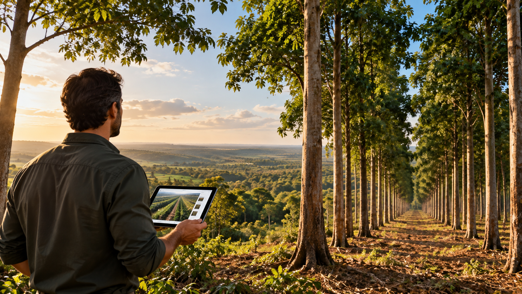 Observe o investimento em mogno africano representado por uma floresta real acompanhada por recursos digitais discretos, e entenda como rastreabilidade, gestão técnica, área do cliente e acompanhamento visual ajudam a aproximar o investidor do ativo real no campo.